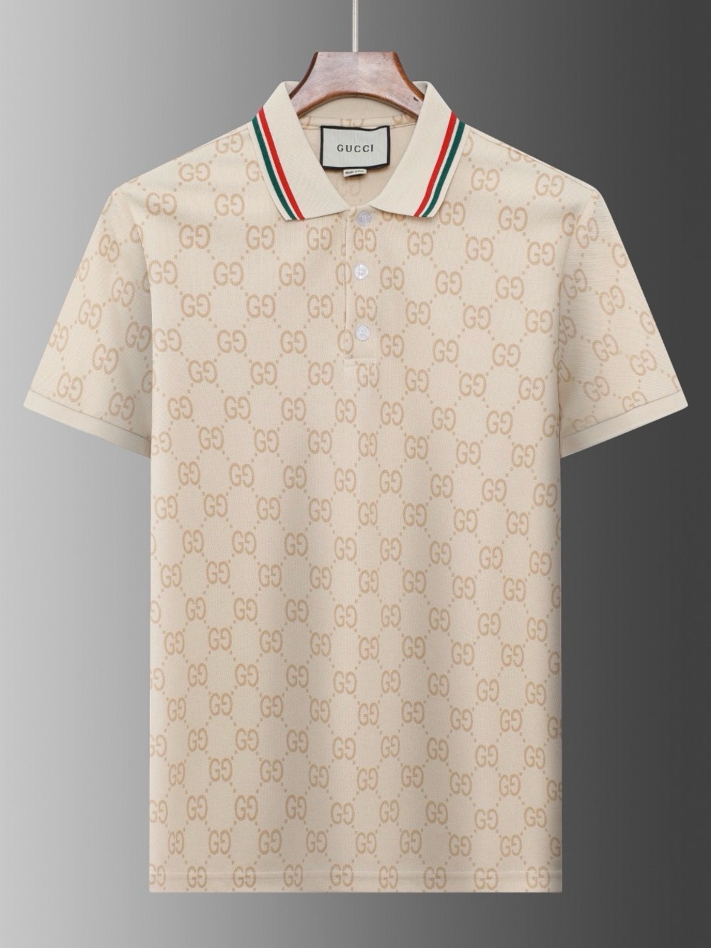 Gucci Beige GG Monogram Polo with Red & Green Collar Trim